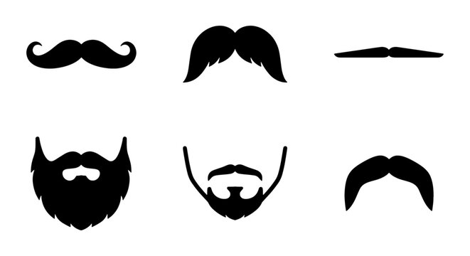 Diverse Collection of Black Mustache and Beard Styles, Vector Icons for Men's Grooming and Facial Hair Design Elements