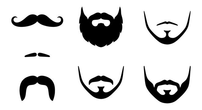 Six Black Silhouette Facial Hair Styles: Mustaches, Beards, Goatees, Vector Icons for Men's Grooming, Barber Shop, and Style Design