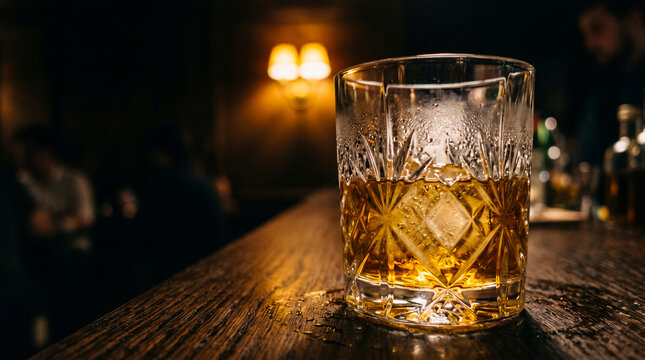 Glass of whiskey on a bar counter. Alcohol drink in a crystal tumbler at a dark pub.