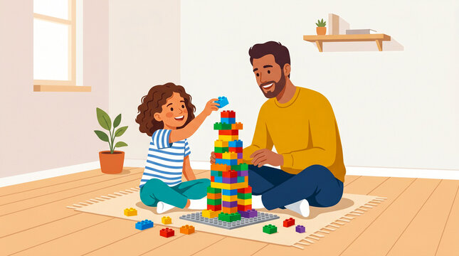 Father and daughter playing with building blocks. Dad and child building a colorful tower.