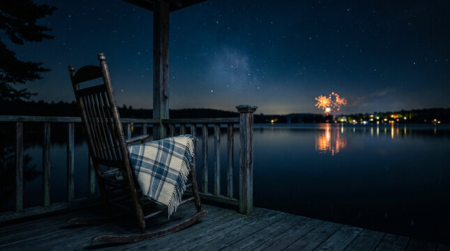 Rocking chair on a lake dock at night. Peaceful starry sky view with milky way galaxy.