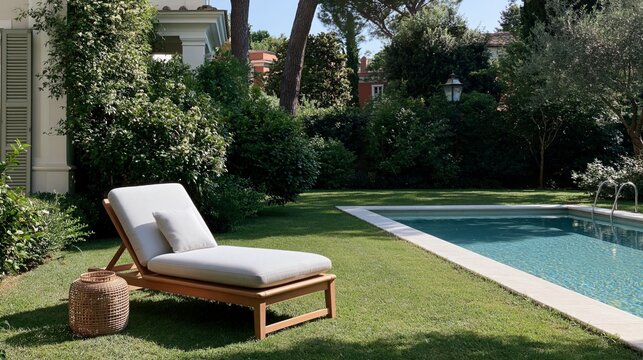 Una tumbona en el jard&iacute;n de una casa junto a la piscina un d&iacute;a de verano soleado