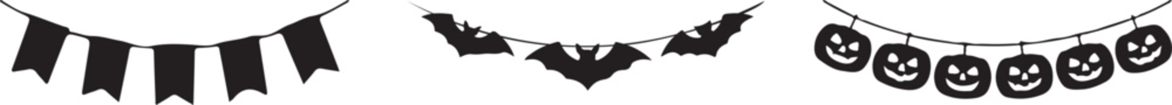 Cute Halloween Garland Bunting Silhouette Set with Jack O Lantern, Pumpkins and Bats. Simple banner hanging party classy decor vector element