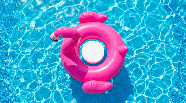 Pink flamingo pool float in blue water. Inflatable bird ring for summer swimming pool fun.