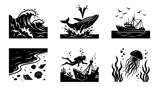 Oceanic Life and Maritime Scenes: Whale Breach, Fishing Boat, Scuba Diver, Jellyfish, Waves, Beach Elements - Vector Icon Set