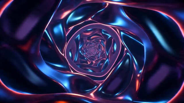 Abstract liquid tunnel with glowing neon light. Futuristic metal flow in motion. Digital 3d animation of fluid metallic structure. Science fiction space tunnel.