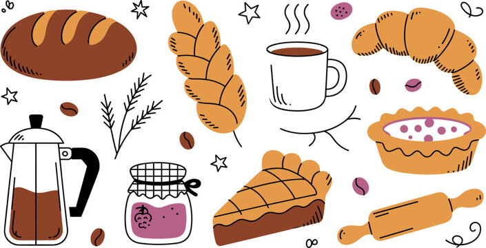 Hand Drawn Breakfast and Bakery Doodle Vector Element Set with Fresh Bread Croissant Pie Coffee Maker Jam and Rolling Pin Icons
