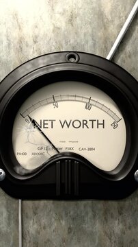 Net worth meter showing low levels of net worth. Minimum and decreasing net worth value, below the norm. Lack of net worth. None of it, insufficient.