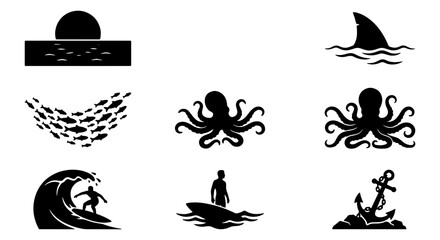 Ocean Life Icons: Shark Fin, Octopus, Surfer, Anchor, School of Fish, Sunset Silhouette Vector Set for Marine and Nautical Themes © Shorna