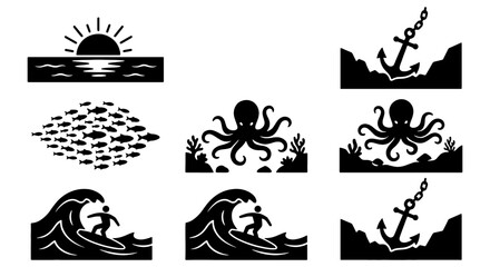 Nautical Vector Icons: Ocean Waves, Surfer, Octopus, Anchor, Sun, Fish School, Marine Life, Maritime Symbols, Seaside Graphics, Coastal Elements © Shorna