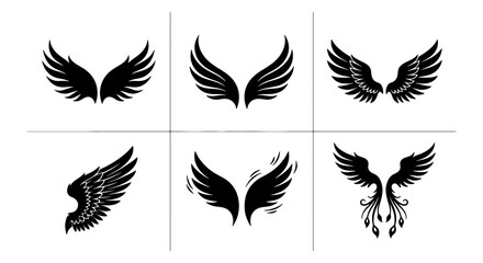 Naklejka premium Set of Six Black Vector Wings, Angelic and Tribal Styles, Graphic Elements for Design Projects