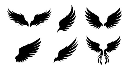 Naklejka premium Black Angel Wings Vector Icons Set, Diverse Feathered Wing Silhouettes for Graphic Design Projects, Tattoo Art, and Emblems