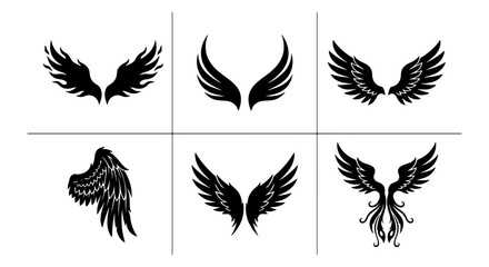 Naklejka premium Black Silhouette Wings Collection, Diverse Feathered Angel and Bird Wing Designs, Vector Graphic Elements for Fantasy and Spiritual Themes