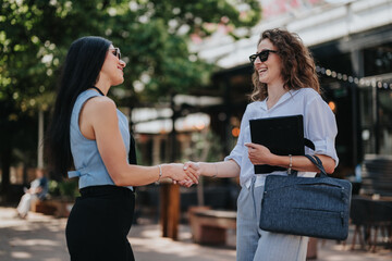 Two professional women shake hands during an outdoor business meeting, both smiling and wearing sunglasses. The casual urban scene shows colleagues greeting and closing a deal outside a cafe. © qunica.com