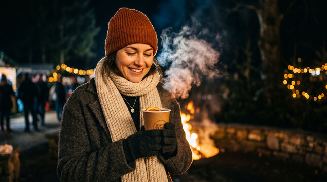 Woman holding hot drink at winter market. Smiling person with coffee by outdoor fire pit.