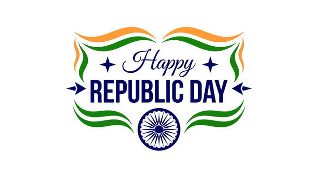 Happy Republic Day India vector typography, Indian national flag tricolor decorative frame, Ashoka Chakra wheel with saffron and green swirls