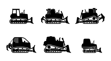 Obraz premium Bulldozer Icons Set, Construction Vehicle Silhouettes, Heavy Machinery Vector Graphics for Industry and Engineering Projects