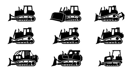 Bulldozer Vector Icons Set: Construction Machinery, Earthmovers, Heavy Equipment Silhouettes for Industry and Engineering Projects © Sharmin