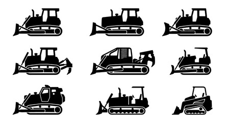 Bulldozer Vector Icons Set, Construction Machinery Silhouettes, Heavy Equipment Illustrations, Earthmover Machine Graphics © Sharmin