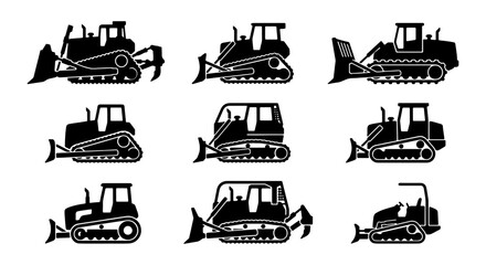 Bulldozer Vector Icons Set, Heavy Construction Equipment Silhouettes, Earthmoving Machinery Collection for Industry and Building Projects © Sharmin