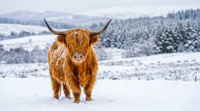 Highland cow standing in snowy field. Scottish cattle breed in winter landscape.