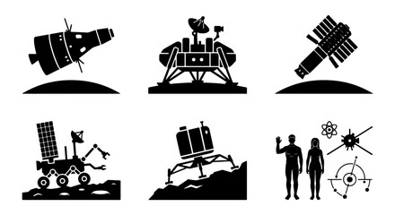 Space Exploration Icons Set: Lunar Lander, Rover, Astronauts, Satellite, Capsule, Science Symbols. Vector Graphics for Cosmic Projects. © Tareq