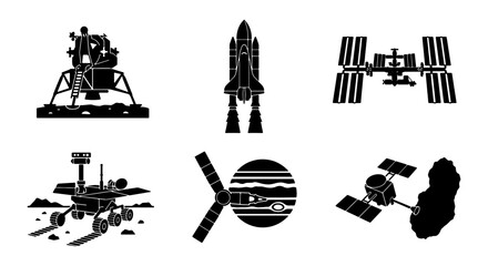 Space Exploration Icons: Lunar Lander, Shuttle, ISS, Mars Rover, Satellite, Asteroid Mining Vector Set © Tareq