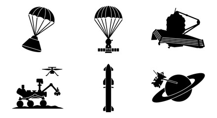 Space Exploration Icons: Rocket Launch, Rover, Satellite, Parachute Landing, Telescope, Saturn Orbit Vector Set © Tareq