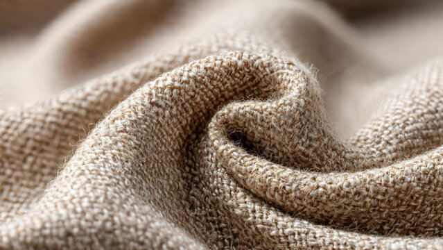 Close up of beige woven fabric texture swirl.