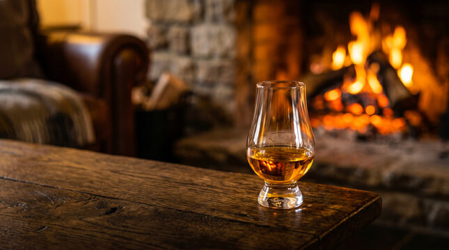 Glass of whiskey on a wooden table. Golden spirit drink by a cozy fireplace.