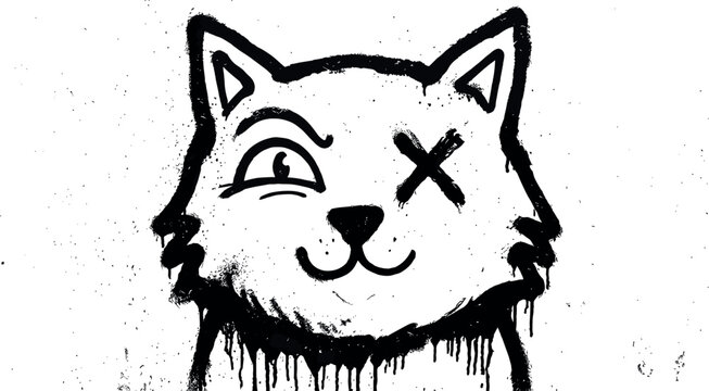 Cat graffiti face vector illustration with cross eye detail dripping black spray paint and grunge street art character textures