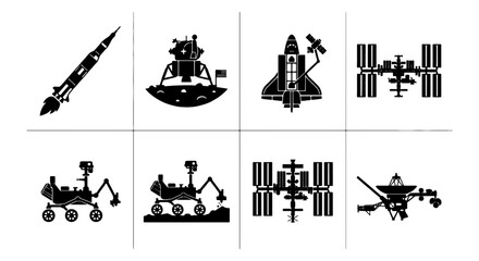 Space Exploration Icons: Rocket, Lunar Lander, Shuttle, Space Station, Rovers, Satellite Set © Joya