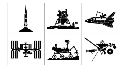 Space Exploration Icons: Rocket, Lunar Lander, Shuttle, ISS, Rover, Probe Vector Graphics for Science and Technology Projects © Joya
