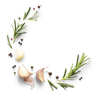 Fresh rosemary herb with garlic and peppercorns on transparent background, culinary herbs and spices with copy space