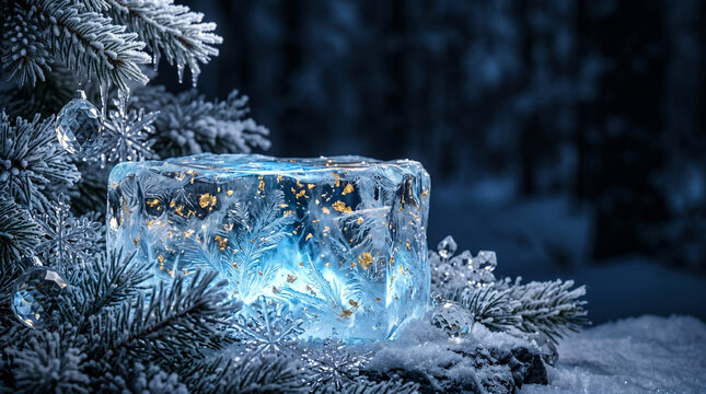 Glowing ice block on snowy pine branches. Frozen crystal cube with magical winter lights.