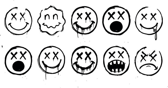 Graffiti smiley face vector icon set featuring dead cross eyes dripping black spray paint and grunge street art emoji elements