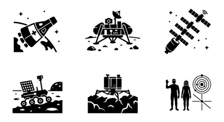 Space Exploration Icons Set: Rocket, Lunar Lander, Satellite, Rover, Space Station, Astronauts, Vector Graphics for Science and Technology Projects © Tareq