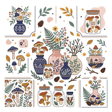 Botanical illustration set with herbs flowers and vintage bottles.