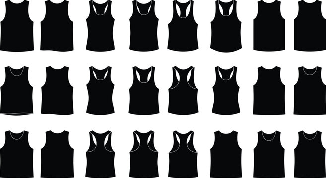 Set of black silhouettes of various sleeveless tank tops and racerback shirts isolated on a white background
