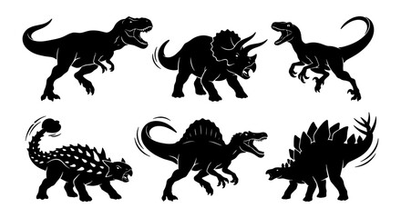 Set of 6 Dinosaur Silhouettes, Prehistoric Reptile Vector Icons, Jurassic Era Creatures for Kids and Education © Rakib