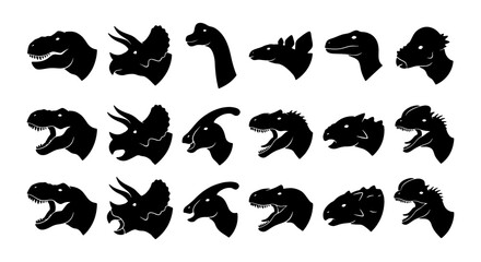 Dinosaur Head Silhouettes Collection, Prehistoric Creature Icons Set, Jurassic Era Animal Profiles, Vector Graphics for Education and Design © Rakib