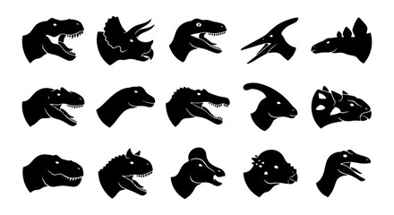 Dinosaur Head Silhouettes Collection, Prehistoric Reptile Icons, Ancient Creature Profiles, Jurassic Era Vector Graphics for Educational and Thematic Designs © Rakib