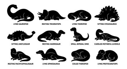 Dinosaur Silhouettes Collection: 12 Resting and Sitting Prehistoric Reptile Vector Icons, Ideal for Educational and Thematic Designs © Rakib