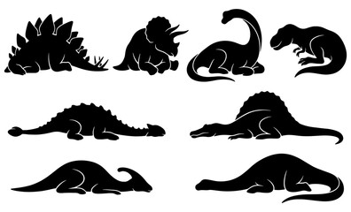 Silhouette Dinosaur Collection Vector Icons, Prehistoric Reptile Set, Jurassic Era Creatures, Ancient Wildlife Graphics, Black and White Animal Silhouettes © Rakib