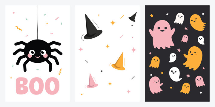 Cute halloween poster template set with ghost, spider and witch hat, kawaii cartoon vector collection for greeting card, nursery wall art and party decoration