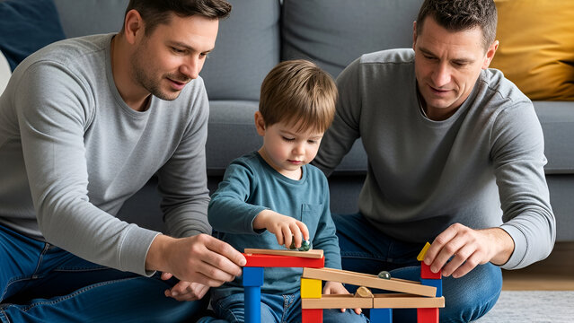 Two Dads Playing with Their Young Son at Home