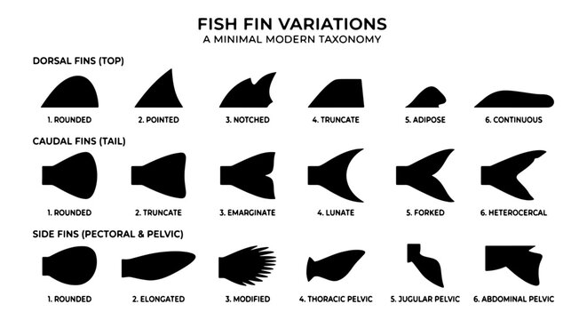 Fish Fin Variations Vector Set: Dorsal, Caudal, and Side Fins Illustrated, Minimal Modern Taxonomy for Marine Biology and Education