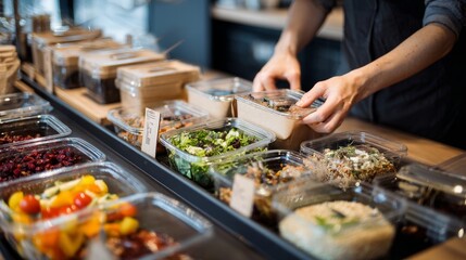 Obraz premium Bright, fresh salads and meals displayed in clear containers at a deli counter. Someone selects a dish, emphasizing the ease and healthiness of quick meal options. Great for illustrating nutritious,
