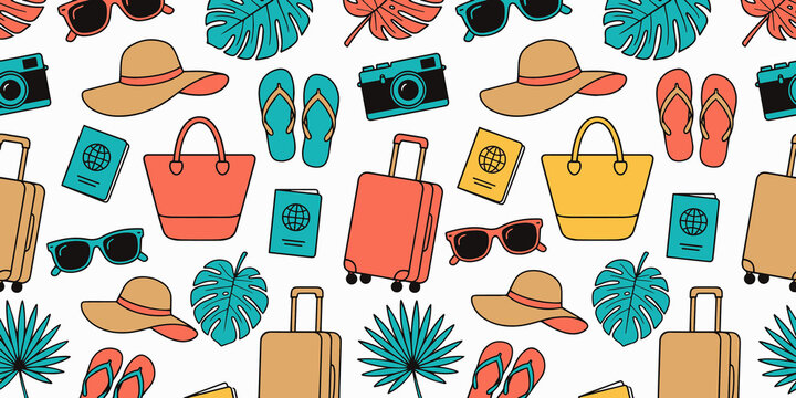 Travel Doodle Pattern Background with Luggage and Passports&mdash;Ideal for Vacation and Summer Travel Design