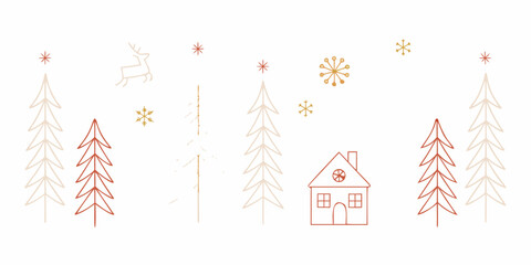 Winter scene illustration with stylized trees reindeer and house © Tapash